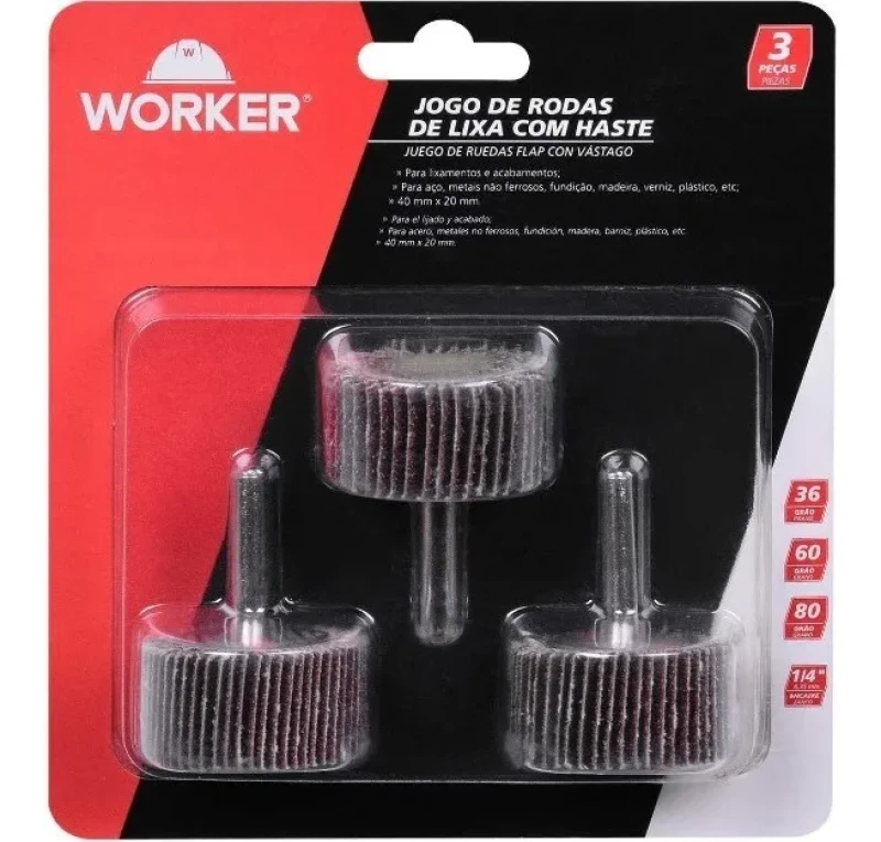 JOGO DE LIXAS COM HASTE PARA FURADEIRA FLAP 3 PEÇAS - WORKER