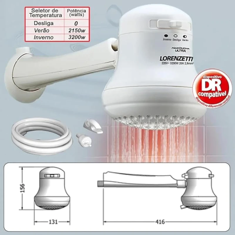 CHUVEIRO ELÉTRICO BRANCO MAXI DUCHA, 3200W 220V - LORENZETTI